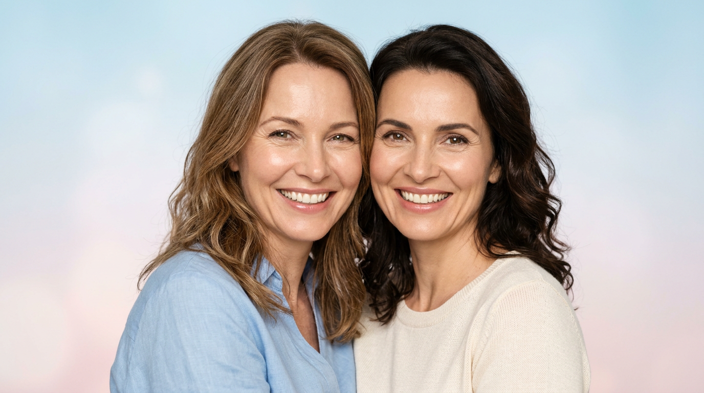 Due donne radiose con pelle curata dopo l'applicazione del siero The Ordinary